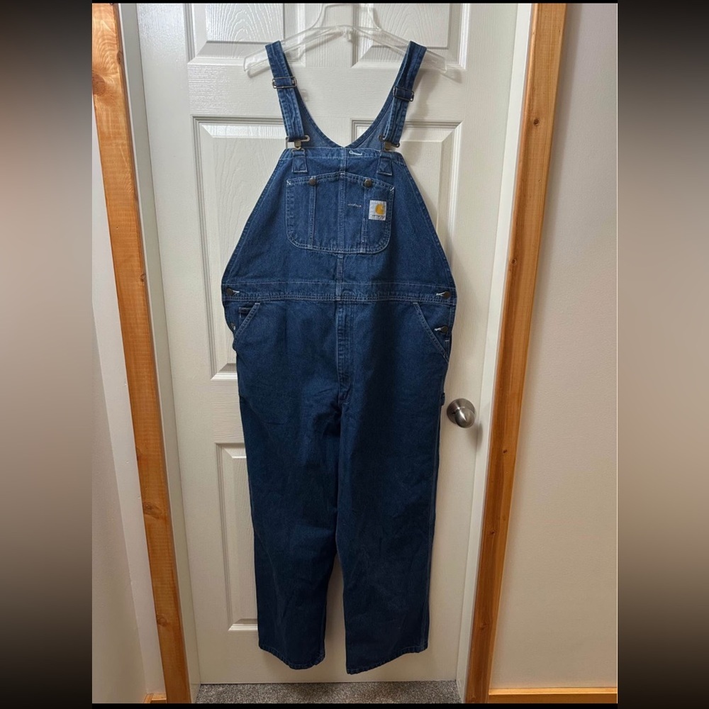 Carhartt Bib Overalls Denim Blue 44x30 Adjustable Straps